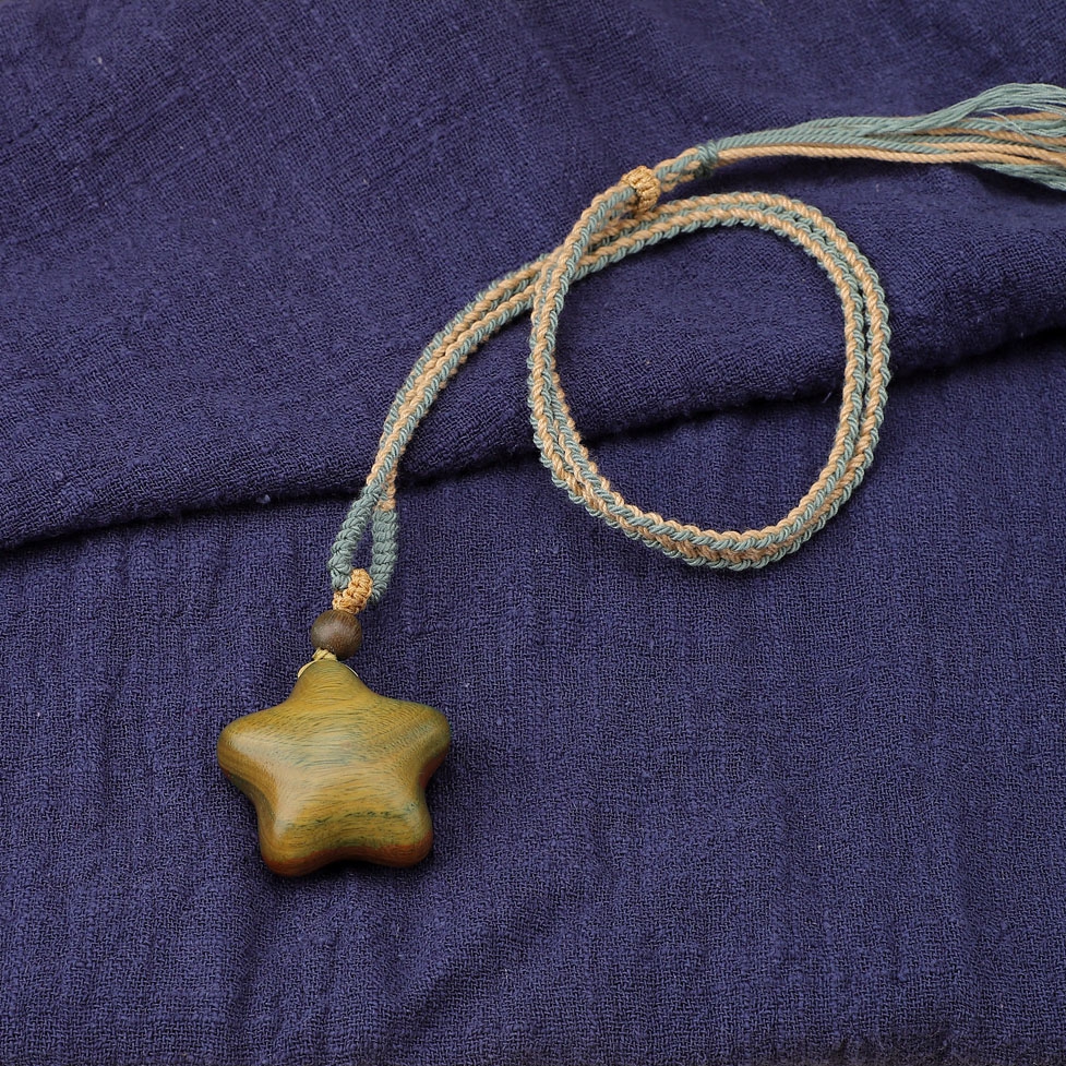 【幸运星】天然绿檀木项链可调节星星月亮吊坠复古文艺情侣毛衣链