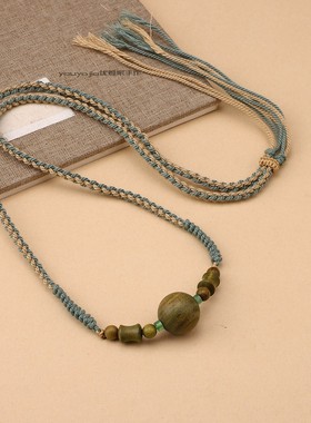 原创古风绿檀木项链中长款