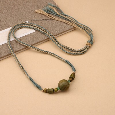 原创古风绿檀木项链中长款