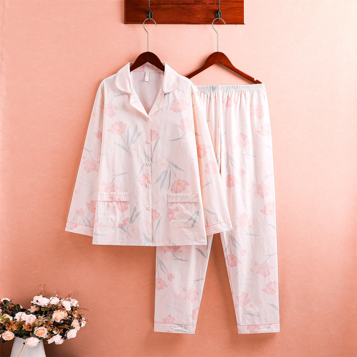 田园风100%全棉斜纹布可外穿睡衣女春夏薄款长袖纯棉布家居服套