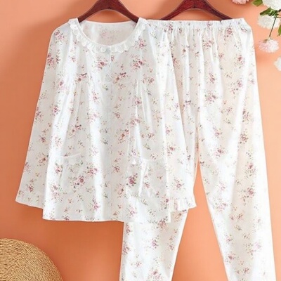 全棉斜纹布睡衣女春夏薄款长袖小清新碎花梭织纯棉布睡衣家居服套