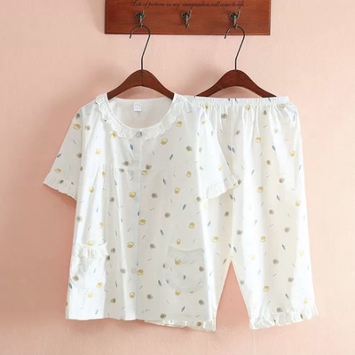 日系100%纯棉睡衣女夏季薄款短袖七分裤碎花梭织全棉布家居服套装