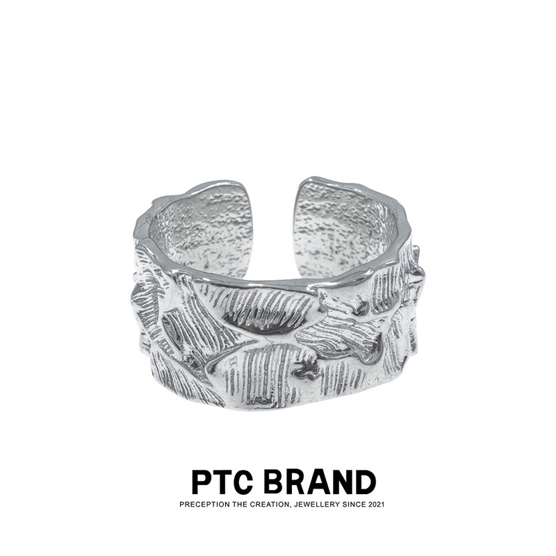 PTC宽面戒指925银小众不规则山川纹理复古嘻哈冷淡风男女情侣对戒