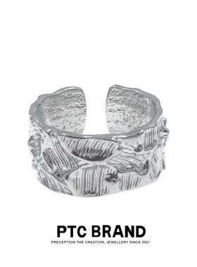 PTC宽面戒指925银小众不规则山川纹理复古嘻哈冷淡风男女情侣对戒