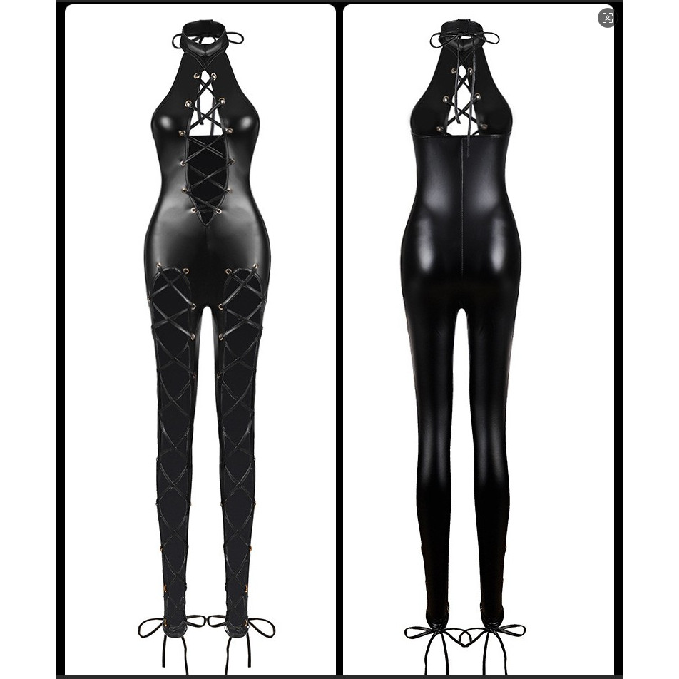 新款大品牌欧美紧身亚光漆皮连体衣交叉系带绑带钢管舞衣露胸制服