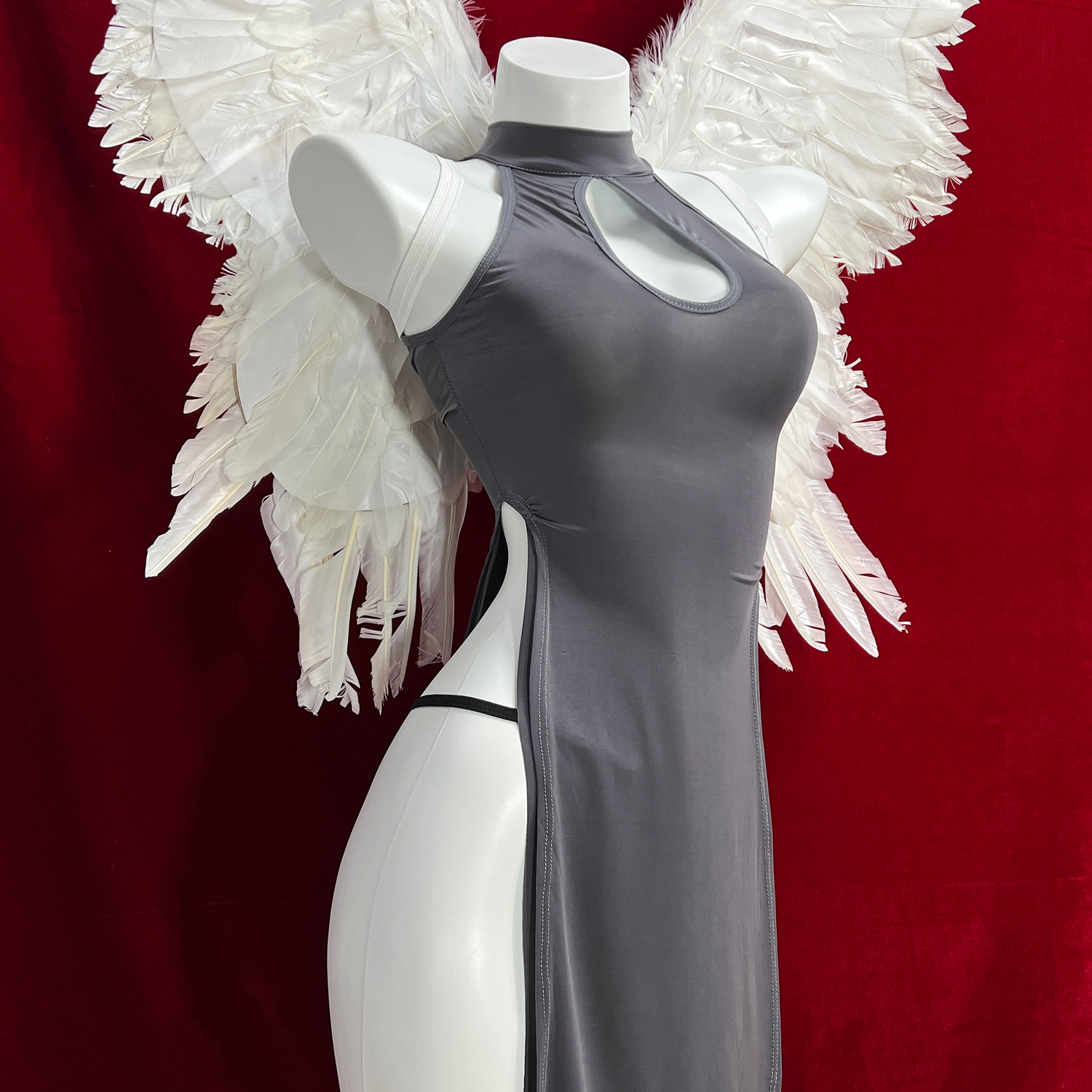 欧美辣妹网红性感镂空显胸大挂脖改良版旗袍式中长裙开叉包臀睡裙,女士内衣/男士内衣/家居服,睡裙,淘宝优惠券,粉丝福利购,淘宝优惠卷