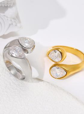 欧美轻奢时尚设计水滴钻戒指女欧美个性简约钛钢镀金指环女新款