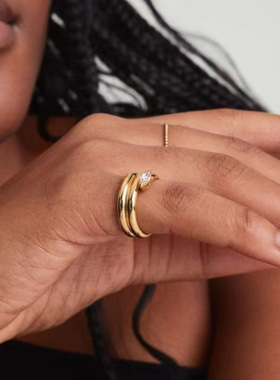 欧美时尚新款个性夸张螺旋弧面多圈戒指镶钻钛钢镀18K金指环食指