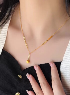 轻奢小众高级感钛钢镀18K金磨砂拉丝小金球项链锁骨链女时尚气质