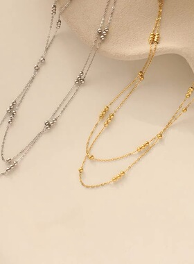 欧美小众冷淡风双层珠珠项链钛钢镀金叠戴时尚个性高级感锁骨链女