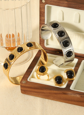 大气奢华法式复古设计宽面几何镶钻钛钢镀金手镯高级感手环女百搭