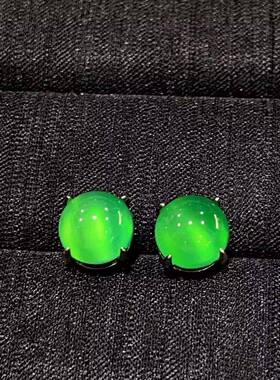 本命年高冰种绿玉髓简约款圆形耳钉玛瑙女款玉石耳环饰品礼物