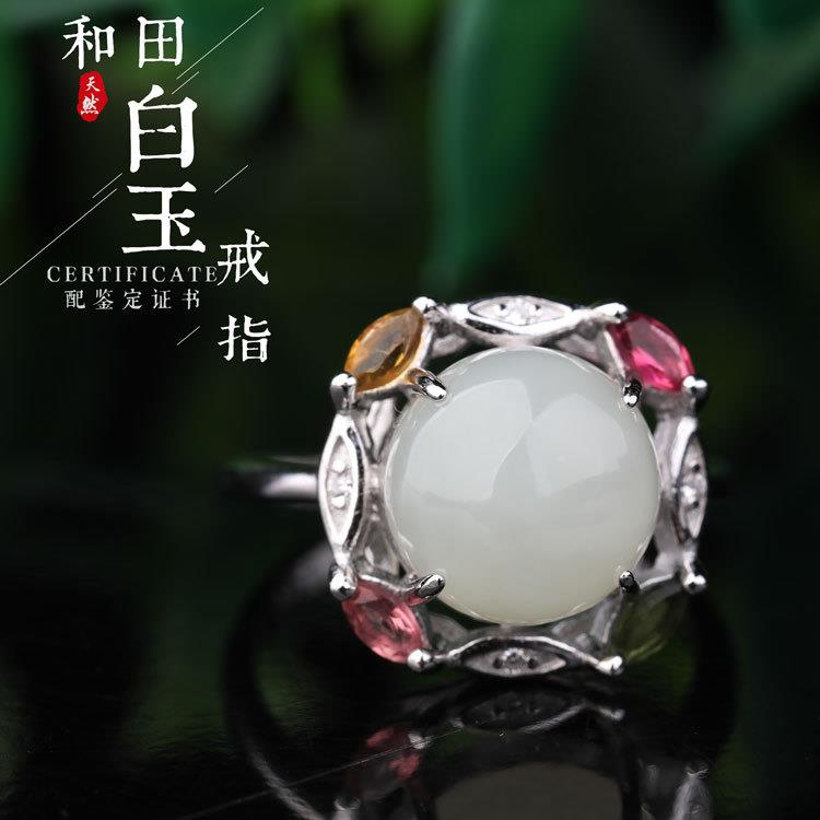 本命年和田玉戒指925银镶锆石白玉指环书复古民族风开口玉女戒礼