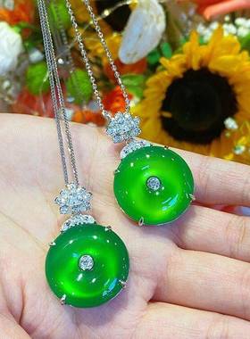 本命年银镶嵌冰种白玉髓平安扣吊坠粉玛瑙翡翠玉石平安扣项链礼物