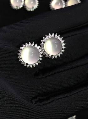 本命年冰白玉髓太阳花耳钉白玉髓耳环白色玉石玛瑙耳钉耳环礼物