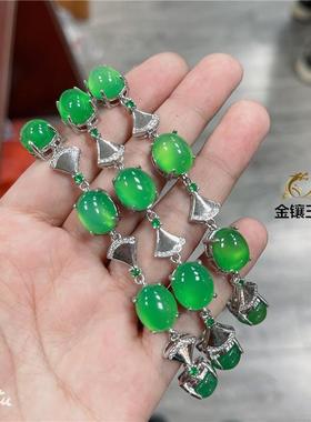 本命年阳绿玉髓手链女款翡翠帝王绿起荧光玉石银镶嵌玛瑙宝石手串