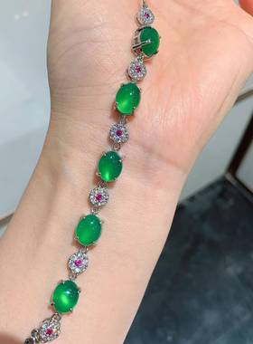 本命年玉髓翡翠绿起荧光手链圆形镶钻玉石手串女士手饰生日饰品礼