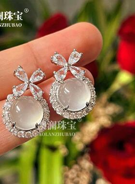 本命年925银针镶嵌高冰白玉髓在逃公主耳钉款玉石耳环礼物