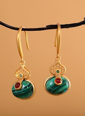 本命年925纯银镶嵌孔雀石葫芦耳坠时尚女款百搭耳饰礼物