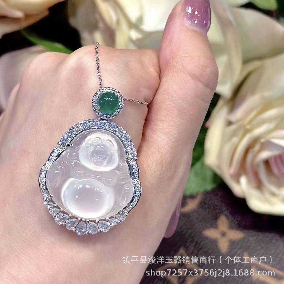 本命年高冰种佛公玉髓吊坠银镶嵌白玉髓弥勒佛佛挂件玛瑙玉石项链
