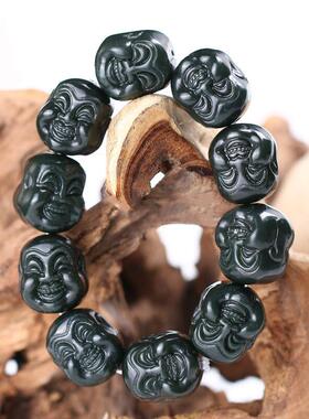 本命年和田玉手串男青玉十八罗汉手串双面雕刻佛头手链玉石佛珠念