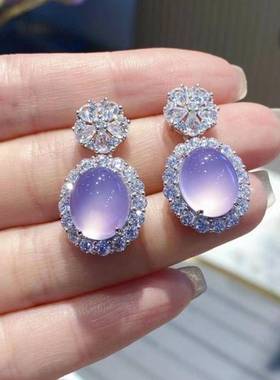 本命年高冰种玉髓紫罗兰鸽子蛋耳钉925银镶嵌白蓝黄玉髓耳坠礼物