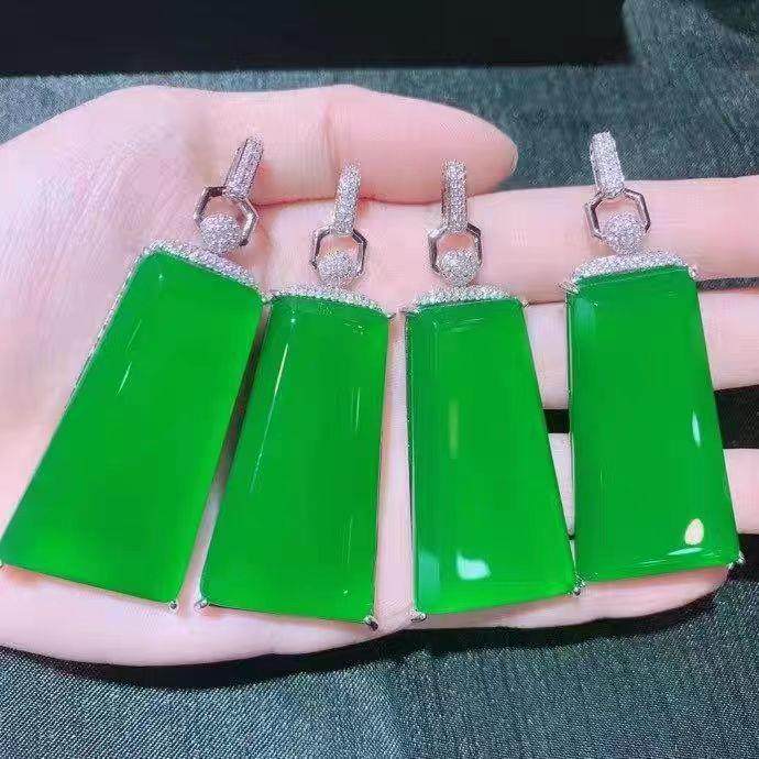 本命年高冰银镶嵌绿玉髓无事牌吊坠绿玛瑙方牌玉石挂件礼物