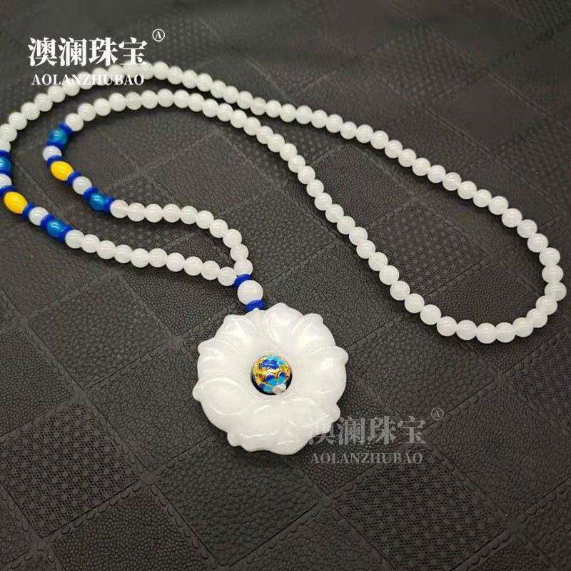 本命年丝玉白玉项链女款雪莲花吊坠项链景泰蓝民族风毛衣链礼物