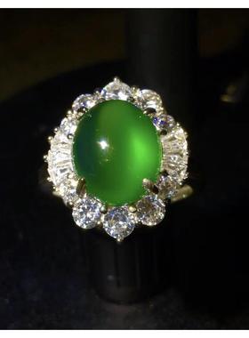 本命年925银豪华绿玉髓戒指冰种白玉髓起荧光复古石翡翠色指圈礼