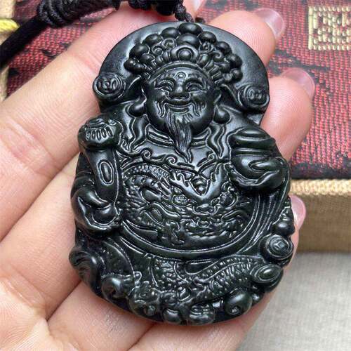 本命年墨绿玉财神吊坠墨玉财源广进项链玉石招财进挂件平安牌玉坠