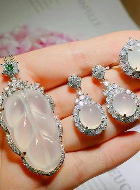 本命年银镶嵌高冰种玉髓吊坠树叶套装女款耳环戒指玛瑙玉石三件套