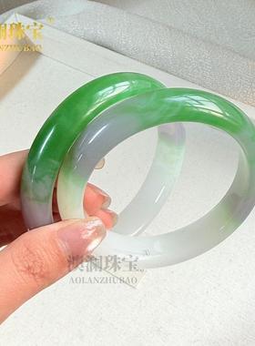 本命年外蒙料高翡翠手镯气质阳绿半山水翡翠玉手镯子少女款冰种礼