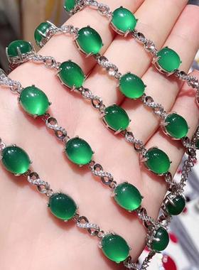 本命年925银镶嵌冰绿玉髓手链高冰蛋面翡翠色帝王绿玉手串玛瑙饰