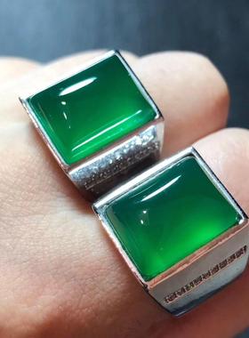 本命年绿玉髓戒指男款925银镶嵌活口翡翠绿正阳绿高冰霸气男指环