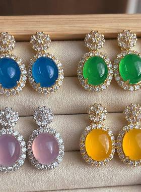 本命年国风复古高品质绿玉髓蓝玛瑙粉玉髓黄玛瑙耳环耳钉选择礼物