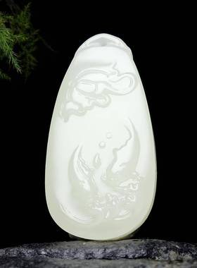 本命年工艺品新疆和田玉双鱼吊坠男女款精雕连有余莲花玉牌礼物