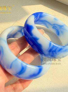 本命年精和田玉加宽加厚女款手镯外蒙料青花瓷女士玉石镯子新疆礼