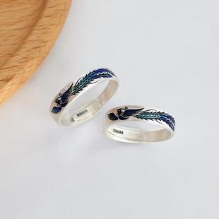 本命年晨亦晨珠宝 烧蓝凤凰戒指女999纯银哑光复古个性指环银饰