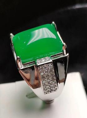 本命年玛瑙绿玉髓男款戒指925银镶嵌男士指环阳绿帝王绿玉扳指礼