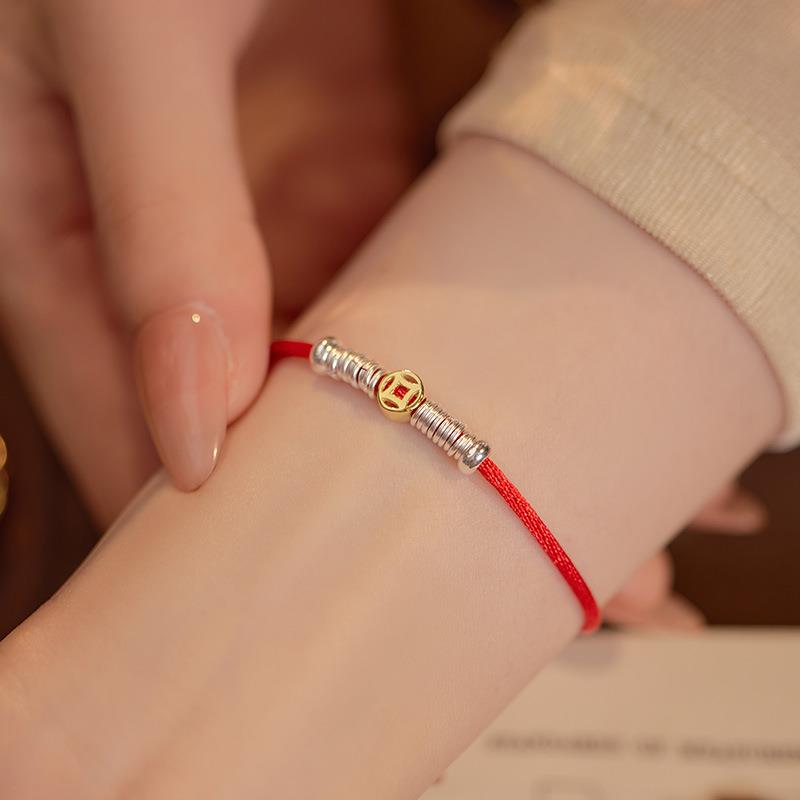 本命年S925银编织钱币圈圈红绳手链女新中式气质ins手饰礼物