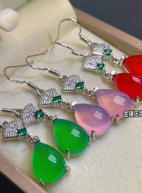 本命年925银耳钩冰种绿玉髓耳环帝王绿翡翠色玛瑙玉石耳坠耳饰品