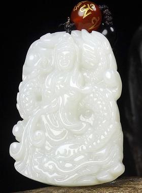 本命年新疆和田玉御龙观音牌子精雕白玉降龙如意观音玉坠送证书礼