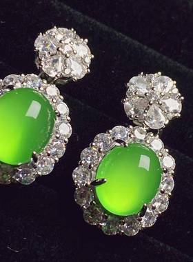 本命年绿玉髓冰阳绿925银耳钉耳饰荧光媲美翡翠银镶嵌礼物