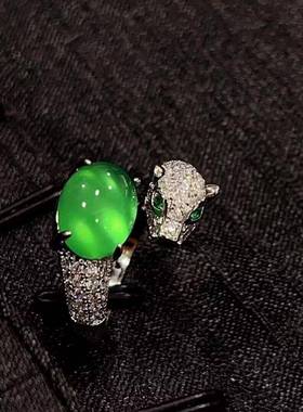 本命年银镶嵌冰种白玉髓豹子头女戒阳绿玛瑙玉石戒指礼物