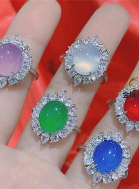 本命年大红玉髓戒指芙蓉粉玉石女戒银镶嵌宝蓝色宝石指环开口时尚