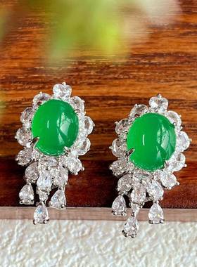 本命年绝美豪华起光绿玉髓耳环满钻流行长款耳坠玛瑙蛋面饰品礼物