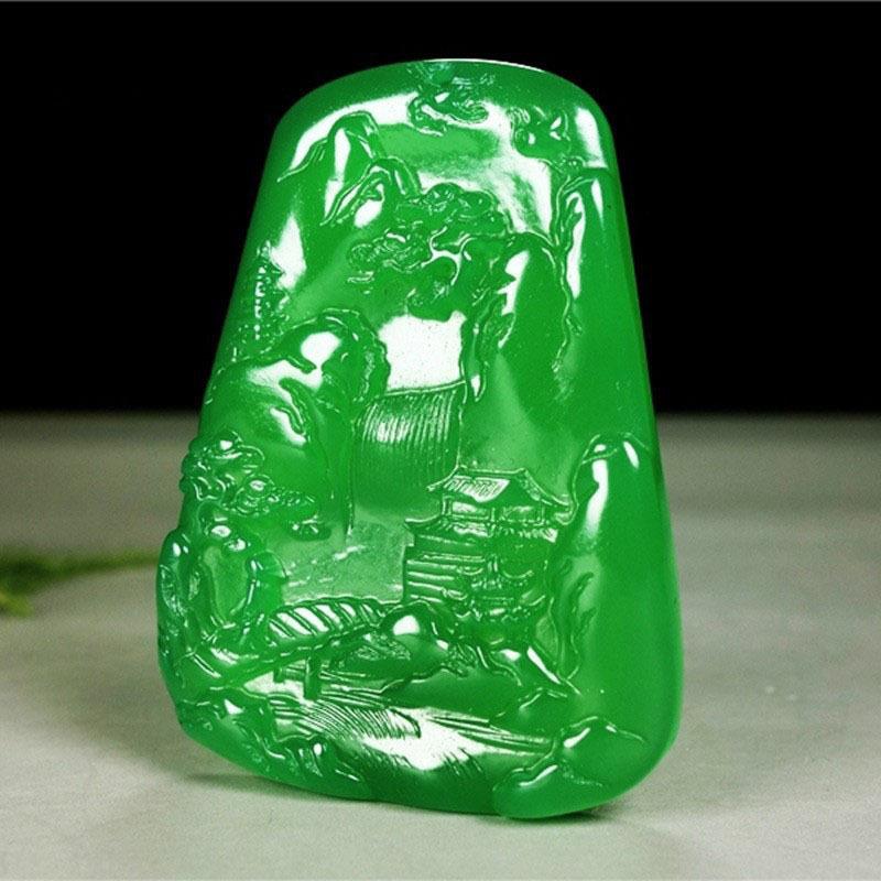 本命年高冰种白玉髓绿玉髓山水牌翡翠绿色阳绿色玛瑙毛衣链挂坠礼