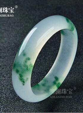 本命年石英岩玉绿色飘花玉镯三段花冰种飘花玉石镯子礼物