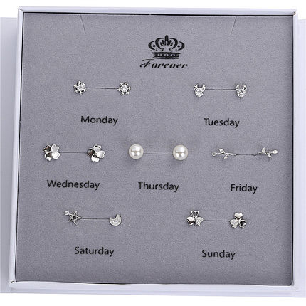 新概念S925纯银一周耳钉礼盒套装简约百搭耳钉女小清新星期耳饰品