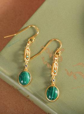 本命年925银镶孔雀石耳坠长款气质耳环个性时尚百搭耳饰礼物